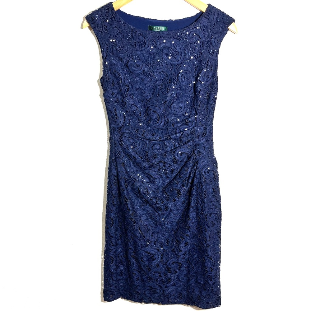Ralph Lauren Midnight Blue Lace Midi Dress sz 4 ruched sheath stretch womens - Picture 2 of 7